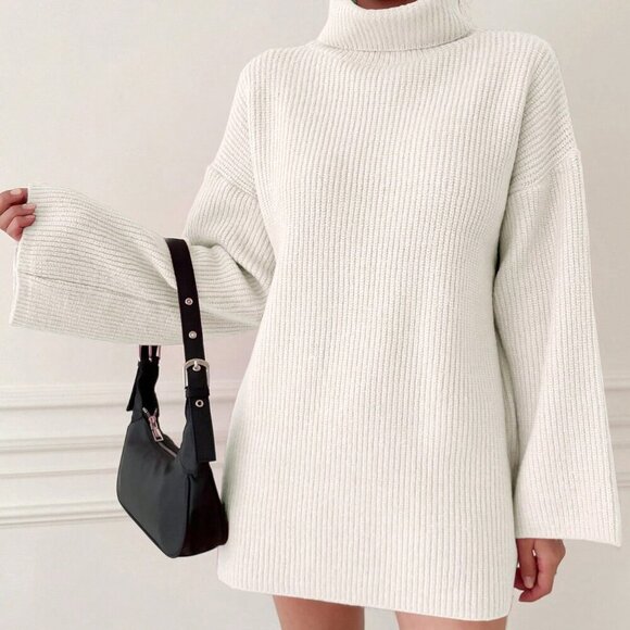 White Casual Women's High-Neck Drop Shoulder Sweater - Picture 5 of 5